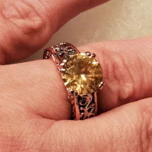 Rose Gold Tone & Silver Tone Filigree w/CZ Accent & 3 Carat Peach CZ Ring